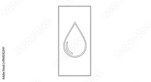 Clean minimalist line art illustration of a liquid droplet icon within a rectangular border for