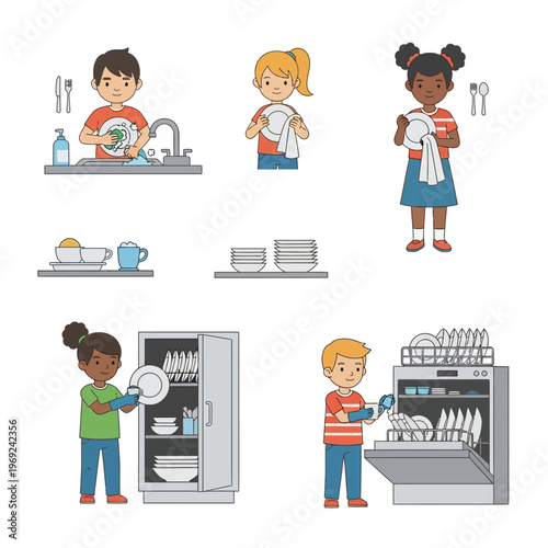 Children doing chores: washing dishes, drying, and loading dishwasher