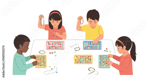 Four diverse young children sit around a table, meticulously crafting colorful bead jewelry and bracelets during a creative art activity.
