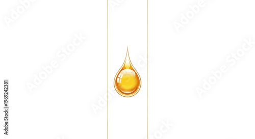Glistening golden liquid drop isolated on clean white background with subtle vertical lines for