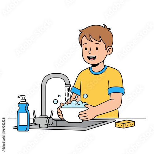 Happy boy washing dishes in kitchen sink with soap and sponge