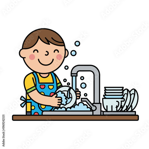 Happy Boy Washing Dishes in Kitchen Sink