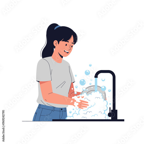 Happy Woman Washing Dishes with Soap Bubbles by Kitchen Sink
