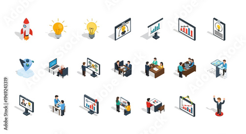 A comprehensive isometric icon set illustrating startup development, innovation processes, creative ideas, and entrepreneurial growth solutions for modern business projects
