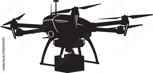 Drone Silhouette with Camera and Propellers in Flight Mode