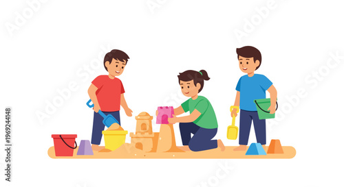 Three happy children are building a complex sandcastle using colorful buckets and shovels in a sunny sandbox setting.