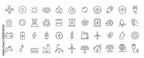 Diverse set of energy and environmental icons, illustrating renewable sources and industry.