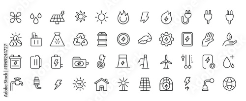 Assortment of clean energy and environmental icons, including solar panels and wind turbines.