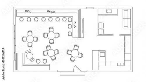 Interior design and floor plan of a modern cafe with seating arrangements and kitchen area