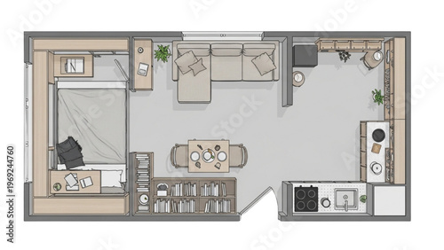 Floor plan of a modern studio apartment with living, dining, and sleeping areas
