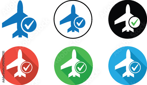 Airplane Approval Icon Set With Checkmark Buttons Travel Verified Flat Design Badges