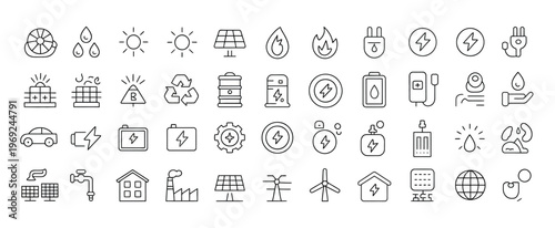 Collection of renewable energy and sustainability icons, featuring solar, wind, and water power.