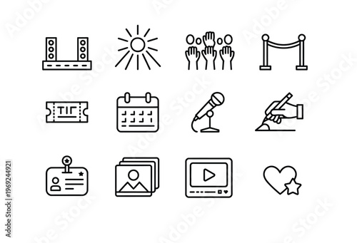 Set of event and celebration icons, including stage, sun, crowd, and ticket.