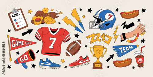American football game day icons: jersey, helmet, trophy, hot dogs, megaphone, and team spirit