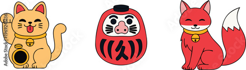 Cute Japanese vector icons, Maneki-Neko cat, fox, daruma doll, cartoon characters