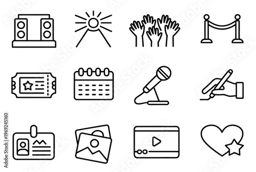 Event planning icons: stage, spotlight, audience, barrier, ticket, calendar, microphone, writing