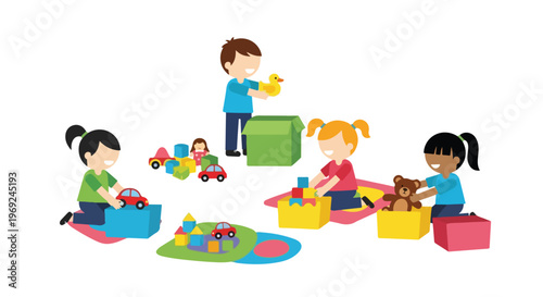 This vector illustration shows four young children happily playing with various toys and colorful boxes in a playroom setting.