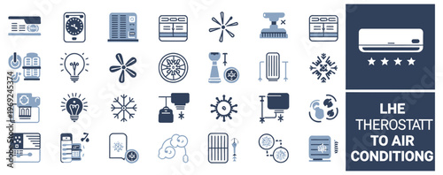 Collection of air conditioning and climate control icons with thermostats and fans.