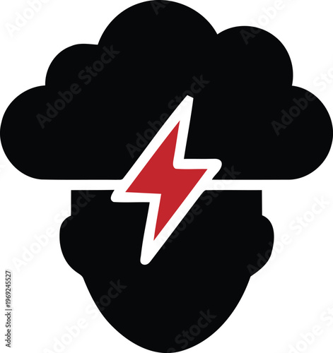 Stormy weather cloud with red lightning bolt graphic symbol  meteorology icon