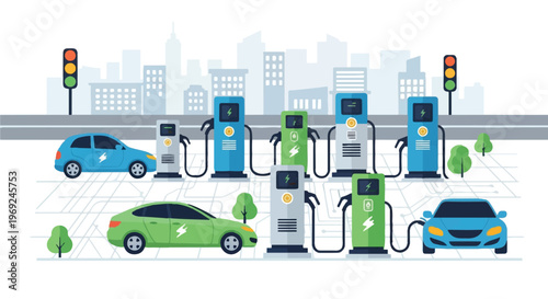 Vector set of city icons and car transport illustration featuring auto vehicles and building symbols for urban travel design