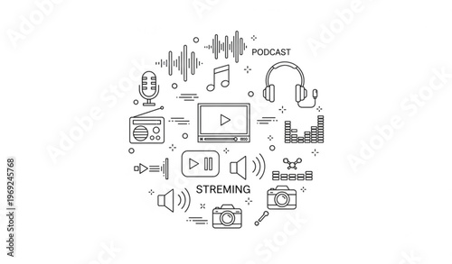 Minimal audio video line icons in circular layout with music podcast media player and streaming symbols