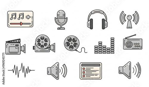 Modern audio video outline icons collection with podcast music player and multimedia elements for mobile interface