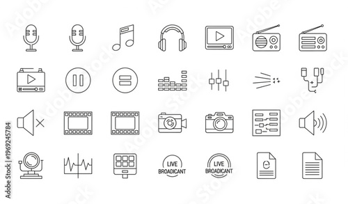 Audio and video line icons set for web and mobile apps with media player podcast music and streaming symbols