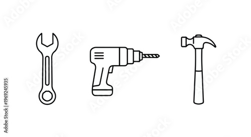 Isolated vector illustration of a professional construction tool set including a steel hammer, screwdriver, and pliers for home repair and carpentry work on a white background