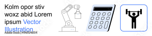 Technology, robotics, fitness, business tools, automation, productivity. Visuals include a robotic arm, a calculator and a weightlifting icon. Robotics and fitness concepts effectively
