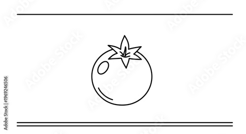 Minimalist outline drawing of a fresh garden tomato with a distinct stem and leaf detail, perfect