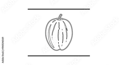 Minimalist black line art illustration of a ripe summer fruit with distinct vertical ridges and a