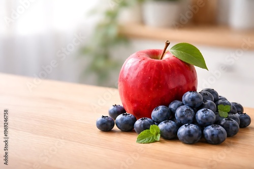 Macro red apple with blueberries for healthy nutrition and superfood concept
