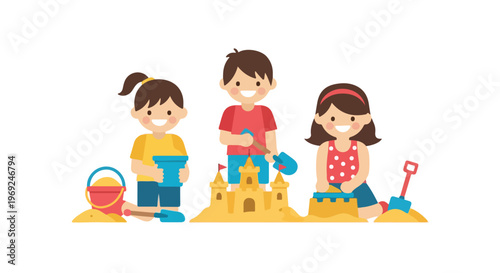 Three happy children are enjoying a sunny day at the beach, building a detailed sandcastle together using colorful buckets and shovels.