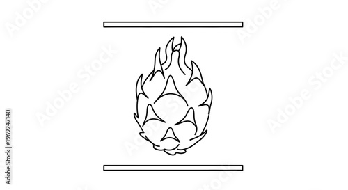 Stylized Minimalist Dragon Fruit with Fiery Top and Intense Expression Isolated Line Art