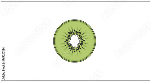 Stylized vector illustration of a ripe kiwi fruit slice on a minimalist white background, perfect