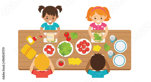Four young children sit around a wooden table, happily preparing healthy sandwiches with fresh lettuce, tomatoes, and cheese for lunch.