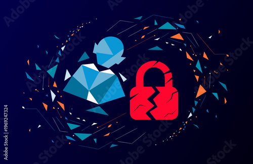 Abstract cyber security scene with faceless hacker and broken lock