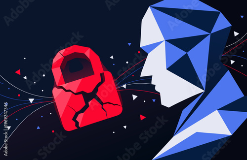 Abstract cyber security scene with faceless hacker and cracked lock