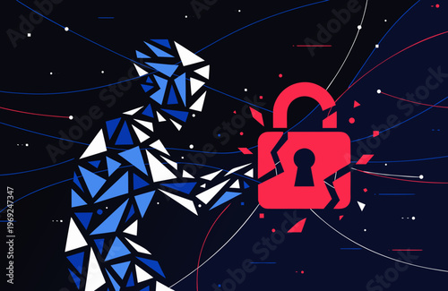 Abstract faceless hacker breaking red padlock with geometric shapes