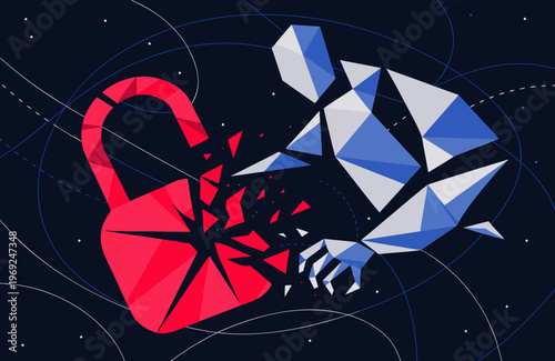 Abstract faceless hacker breaking red lock with geometric shapes