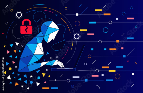 Abstract faceless hacker with geometric shapes and colorful data visualization on dark blue