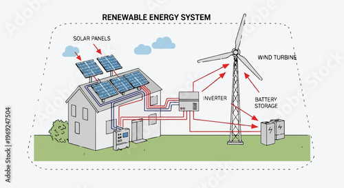 Vector illustration of a green energy house in the city landscape featuring a wind turbine mill and solar power for a sustainable environment