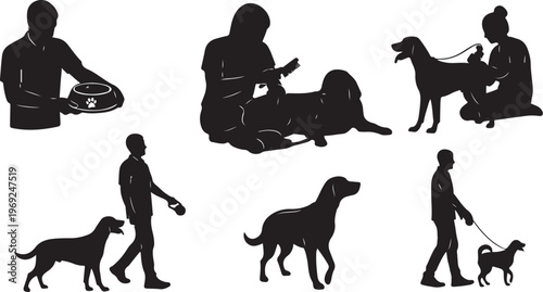 Silhouette of people and dogs in various activities together