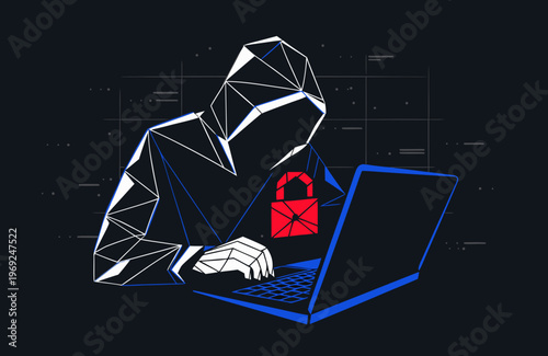 Low poly hacker typing on laptop with red lock computer
