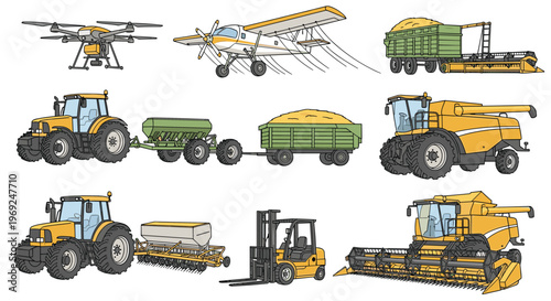 Large set of modern agricultural machinery including tractors harvesters drones and farm trailers for harvesting.