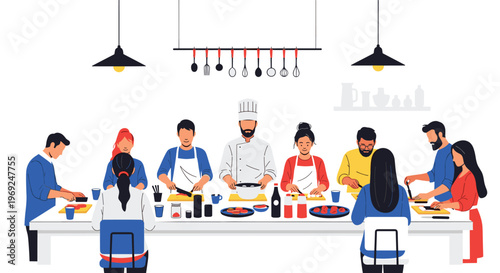 Group of diverse people participating in a professional culinary class led by a chef in a modern kitchen on white background.