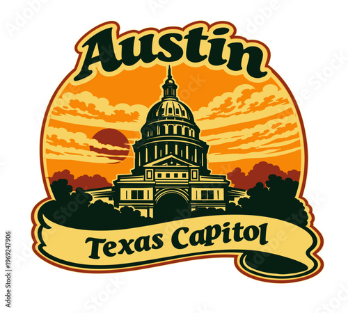Austin Texas Capitol Retro Skyline Illustration