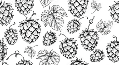 Seamless pattern featuring hand-drawn sketches of hop cones and leaves for brewery and craft beer branding designs.