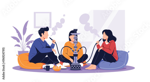 Group of friends relaxing and smoking hookah while sitting on colorful floor cushions in a cozy modern lounge atmosphere.
