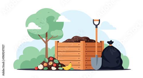 Backyard scene with a wooden compost bin filled with soil and organic food waste like banana peels and fruit scraps near a tree.
